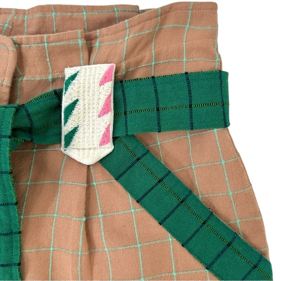 SÉZANE Arthus Brown White Green Plaid Belted High Rise Embroidered Cotton Shorts - Picture 6 of 11
